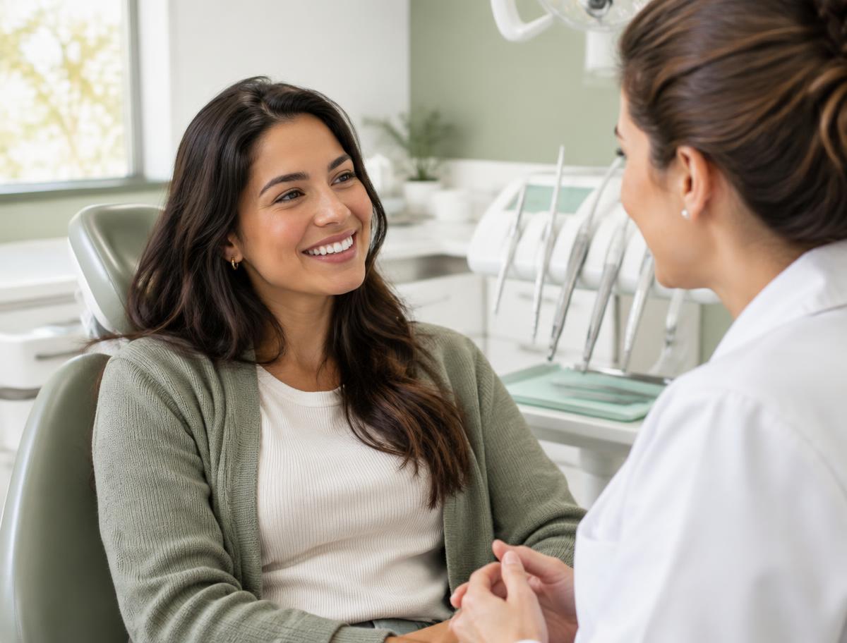Paciente conversando com dentista em consultório